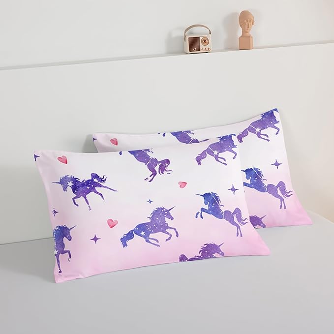 HOSIMA Kawaii Unicorn Comforter,Purple Unicorn with Stars and Love Heart Princess Toddler Bedding Set-Soft Microfiber Full Size Bed in a Bag,Fairycore Room Decor Pink Comforter with 2 Pillowcases.