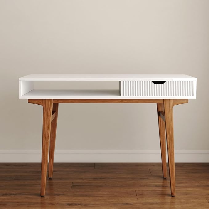 White Computer Desk with Drawers - 45 inch Minimalist Small Solid Wood Mid-Century Modern Office Desk for Home - Boho Style Writing Table with Open Storage,Light Wooden Desk Workspace