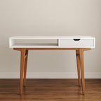 White Computer Desk with Drawers - 45 inch Minimalist Small Solid Wood Mid-Century Modern Office Desk for Home - Boho Style Writing Table with Open Storage,Light Wooden Desk Workspace