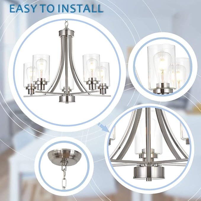 BONLICHT Traditional Chandelier Lighting 5 Light Brushed Nickel Modern Light Fixtures Hanging Pendant Lighting with Clear Glass Shade Classic Ceiling Lights for Kitchen Dining Room Living Room Island