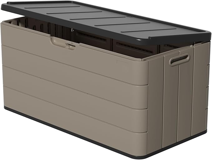 ZZM 110 Gallon Lockable Resin Deck Box, Waterproof Outdoor Storage Box for Patio Cushion Storage Cabinet and Tools Storage, Coffee