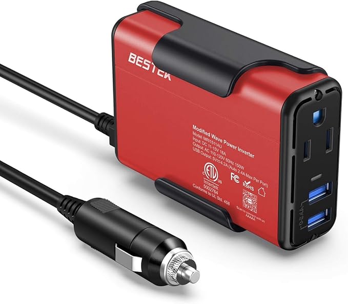 BESTEK 150W Power Inverter DC 12V to 110V AC Converter 4.2A Dual USB Car Adapter, Thinner Design with ETL Listed
