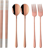 Buyer Star Stainless Steel Korean Chopsticks Spoons and Fork Set, 2 Pack Reusable Forks and Spoons Silverware Korean Utensil Set, Portable Utensils Dinnerware for Home (Rose Gold)