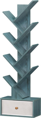 8 Tier Tree Bookshelf with Drawer, Free Standing Wood Bookcase for Narrow Space, Storage Organizer Bookshelves for Books, Book Case for Home Office, Living Room, Bedroom, Navy Blue
