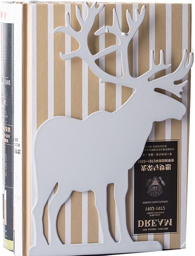 Winterworm Fashion Creative Cartoon Cute Iron Elk Moose Pattern Nonskid Metal Office Desk Bookends (White)