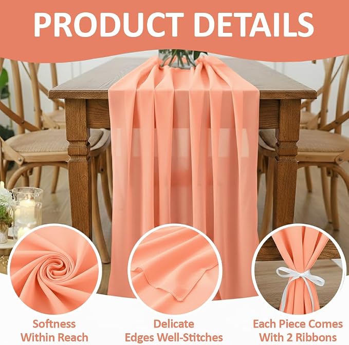 MDS Pack of 5 | Peach | 10ft Chiffon Table Runner 29x120 Inches Long Romantic Rustic Sheer Gauze Runner for Wedding Bridal Shower Birthday Banquets Engagement Spring Easter Boho Decorations