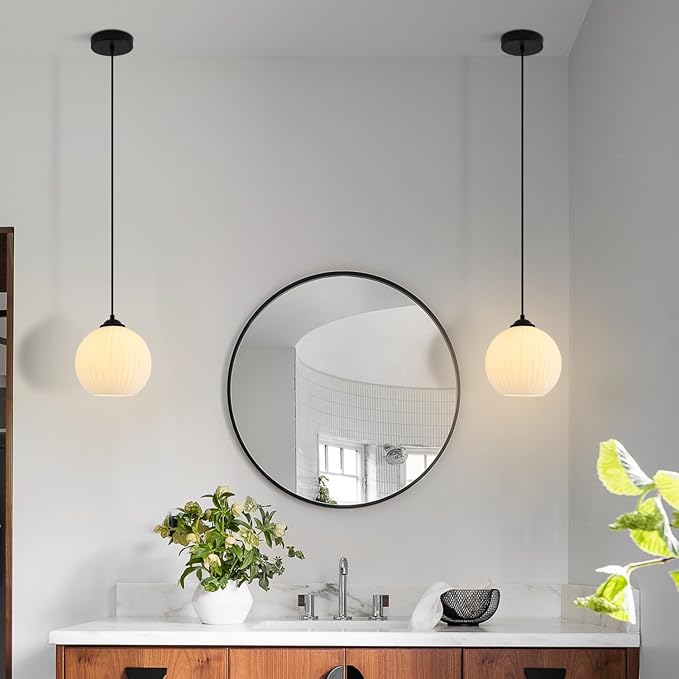 KCO Lighting Mid Century Modern Black 7.9” White Milk Glass Pendant Light | E26 Hardwired Adjustable Cord for Sloped Ceilings Farmhouse Vintage Ribbed Glass Hanging Light for kitchen island Dining Room