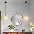 KCO Lighting Mid Century Modern Black 7.9” White Milk Glass Pendant Light | E26 Hardwired Adjustable Cord for Sloped Ceilings Farmhouse Vintage Ribbed Glass Hanging Light for kitchen island Dining Room