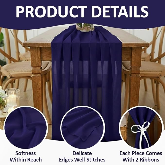 Pack of 20 | Navy Blue | 10ft Chiffon Table Runner 29x120 Inches Long Romantic Rustic Sheer Gauze Runner for Wedding Bridal Shower Birthday Banquets Engagement Spring Easter Boho Decorations