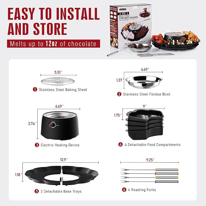 Electric S'mores Maker and Chocolate Fondue Set, Flameless Marshmallow Roaster with Adjustable Temperature, Stainless Steel Grill, Serving Tray and Roasting Forks