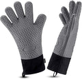 Comsmart BBQ Gloves, Heat Resistant Silicone Grilling Gloves, Long Waterproof BBQ Kitchen Oven Mitts with Inner Cotton Layer for Barbecue, Cooking, Baking, Smoker-Grey