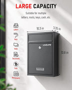 Uniclife Wall Mount Mailbox for Outside, Locking Mail Box, Black | Large Mailbox with Key Lock, Security Mail Box for House, Safe Key Drop Box, Steel Cash Drop Box for Home Office School