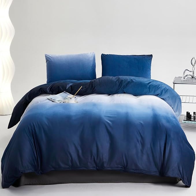 Blue White Gradient Comforter Set King Blue Velvet Bedding Comforter Modern Plain White and Royal Blue Gradient Soft Quilt Farmhouse Flannel Comforter Warm King Bed Comforter