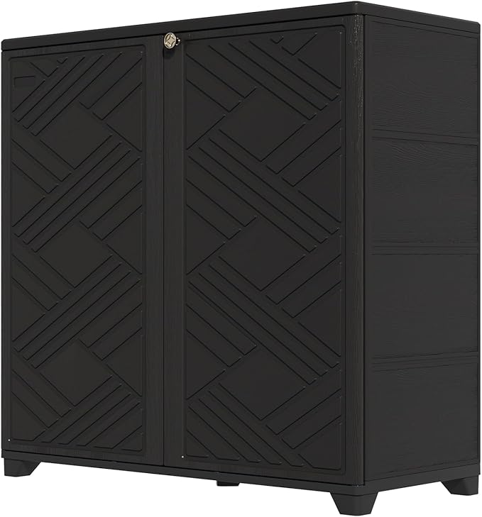 HOMSPARK Indoor/Outdoor Storage Cabinet with Doors and 1 Shelf, 34”x15”x34” HDPE Plastic Storage Box for Bedroom, Bathroom, Living Room, Balcony, Multi-Purpose for Daily Tools, Black
