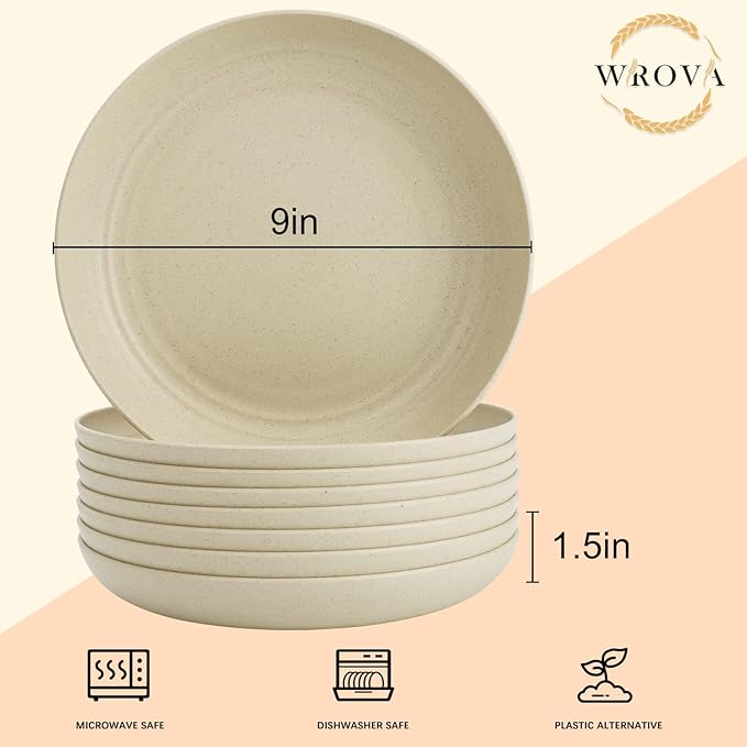 Wrova Wheat Straw Plates - 9 Inch Unbreakable Dinner Plates Set of 8 - Dishwasher & Microwave Safe Plastic Plates Reusable - Lightweight Plates for kitchen,R.V. (Beige)