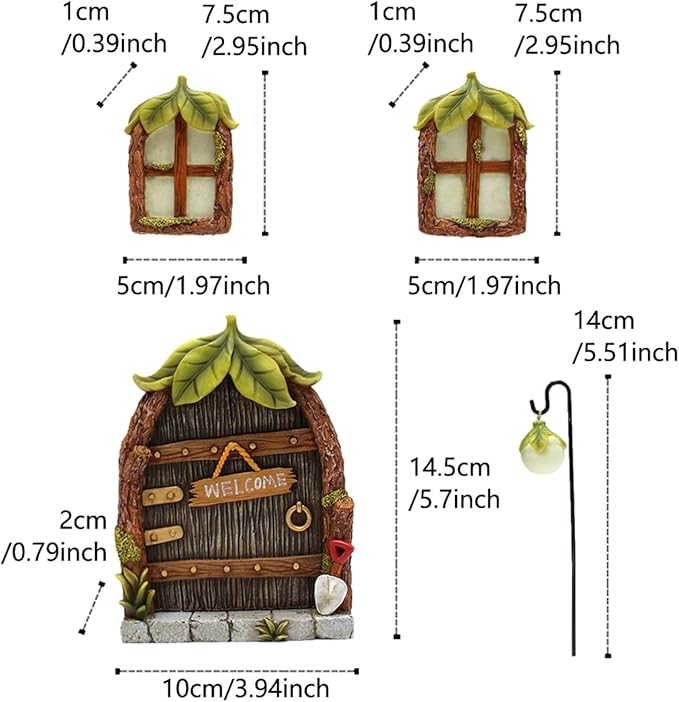 Fairy Door and Windows Garden Kit Accessories Outdoor, Glow in Dark Gnome House for Tree, Lawn Yard Art Sculpture, Miniature Garden Decor (Leaf)