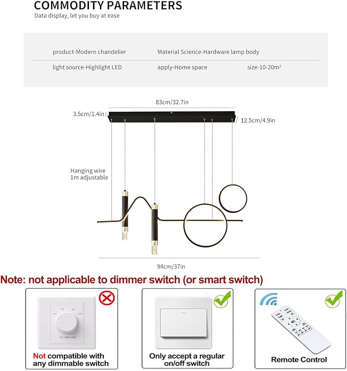 Siittoo 37" Modern LED Pendant Light, Dimmable Linear Chandelier Black | 45W LED with Remote, 3000K-6000K, Adjustable Hanging Light for Kitchen Island, Dining Room & Living Room