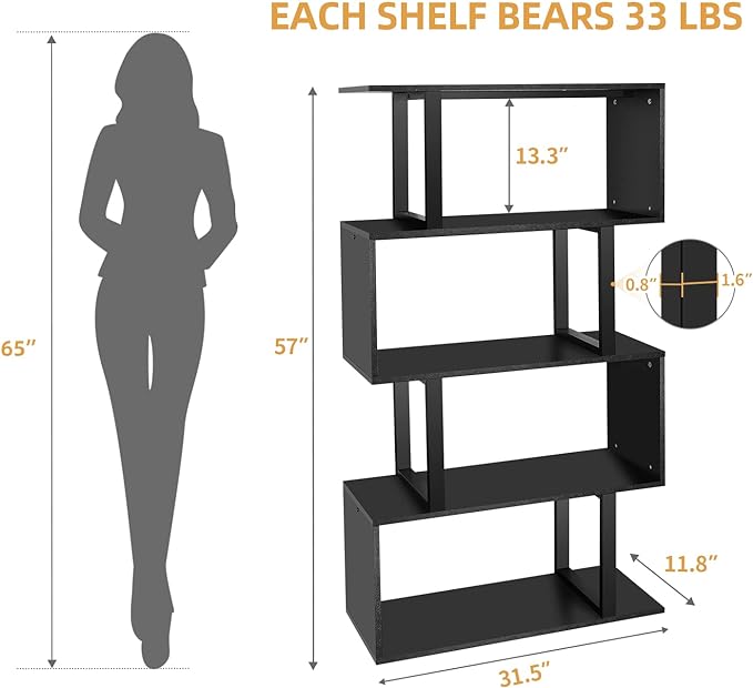 YITAHOME 5 Tiers Bookshelf, Modern S-Shaped Z-Shelf Style Bookshelves, Multifunctional Geometric Bookcase Storage Display Shelf for Living Room Bedroom Home Office, Black