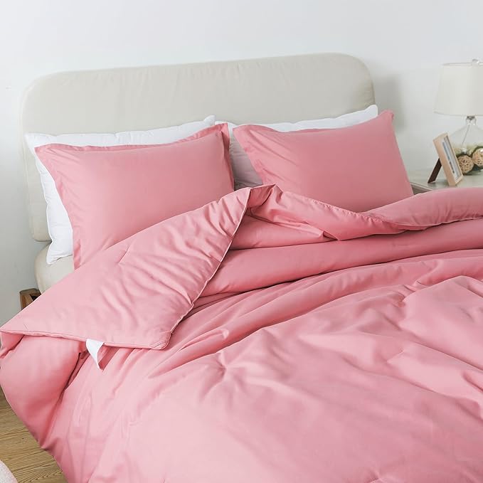 Pink Comforter Set Twin Size, Solid Blush Women Girls Pink Down Alternative Boho Bedding Comforter Set, Breathable Fluffy Microfiber Comforter (68"x90") for All Seasons with Pillowcase