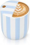 Ceramic Coffee Mug with Sip Hole 10 oz Retro Espresso Cup with Half Lid Hand Painted Blue Striped Porcelain Coffee Tea Cup for Kitchen Office Travel Tea Cappuccino Latte Daily Use Gift