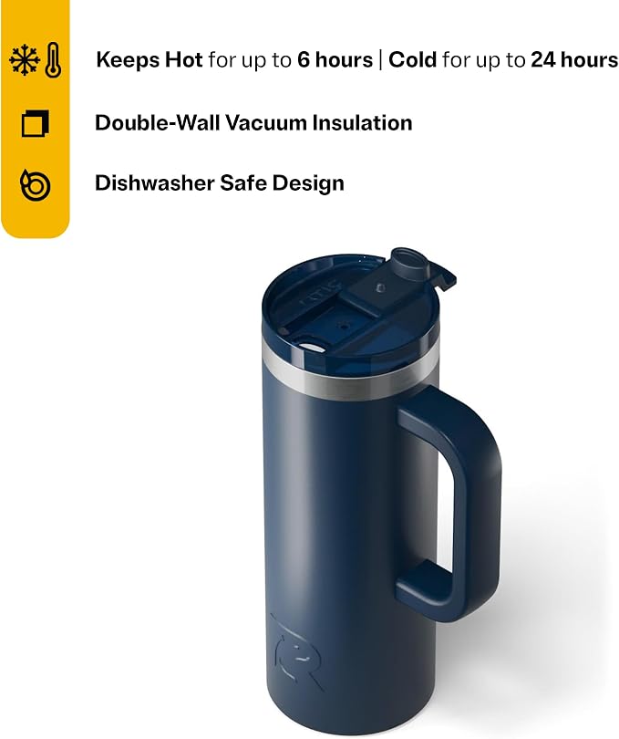 RTIC 20oz Road Trip Travel Mug with Lid and Handle, Ceramic Lined, Insulated, Stainless Steel, Metal, Double Wall Vacuum-Insulation, Portable Coffee, Tea Cup for Hot and Cold Drink, Navy