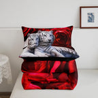 Tiger Comforter Set Full, Red Rose Down Comforter Kids Girls Women,Red Image of Large Cat Playing with Water Cool Nature Animal Quilted Duvet Insert Gorgeous Floral Flower Bedding Comforters,Brown