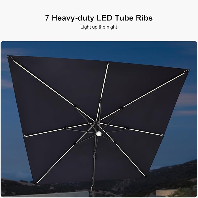 PURPLE LEAF 10 Feet Patio Umbrella Solar Powered LED Square Outdoor Cantilever Umbrella with LED Lights Aluminum Offset Umbrella with 360-degree Rotation for Garden Deck Pool Patio Navy Blue