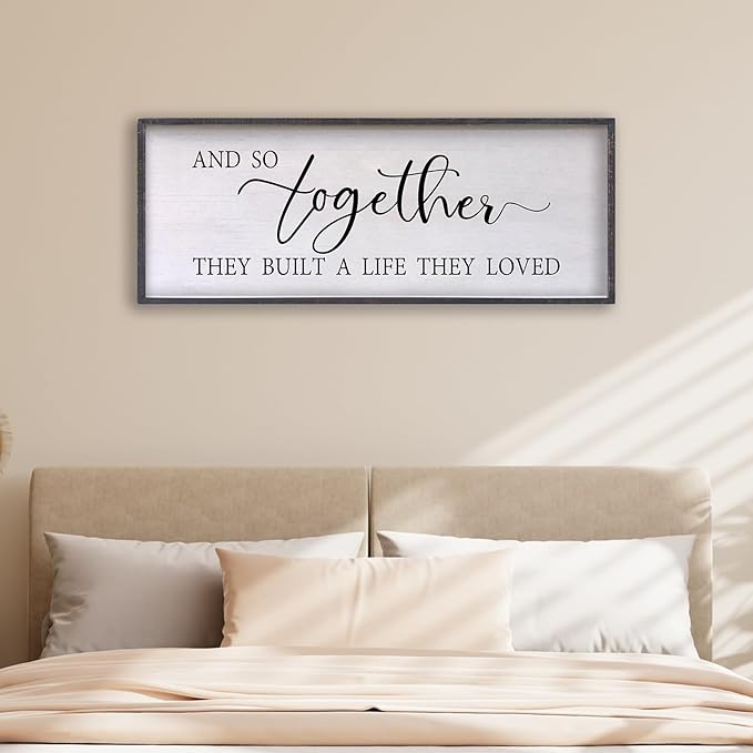 And So Together They Built A Life They Loved Sign Above Bed Wall Decor 24×10 Inch Master Bedroom Over Bed Wood Framed Wall Art (Black)