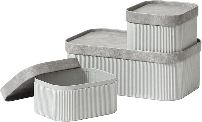La Jolie Maison Fluted Cardboard Storage Baskets with Vegan Leather Lids, Sturdy Stackable Paper Boxes Decorative Tray, Modern Basket Organizer Bins Bathroom Bedroom Organizing, Storm Grey, Set of 3