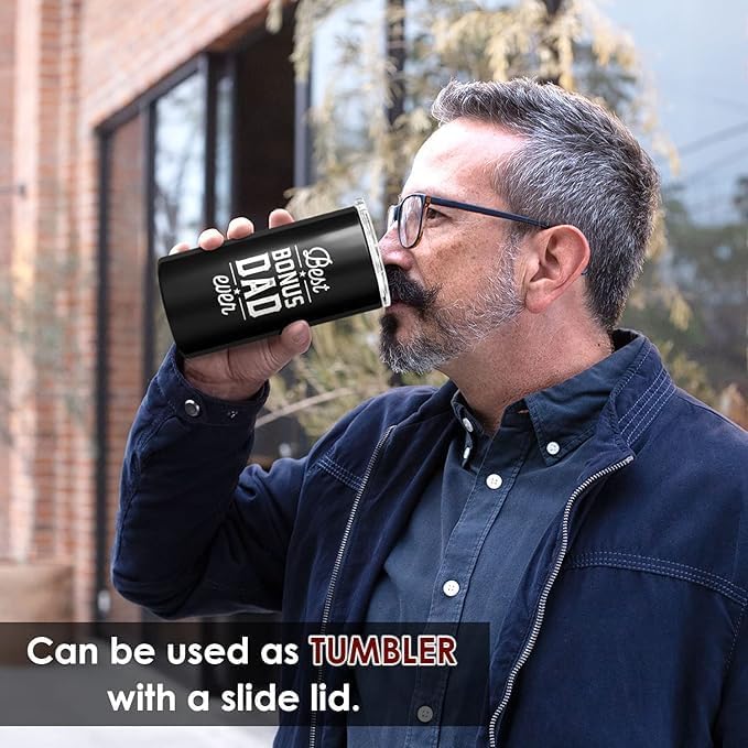 SANDJEST Bonus Dad Tumbler Gifts from Step Daughter Son - 12oz 4 in 1 Design Step Father Tumbler Cup Can Cooler - Best Bonus Dad Ever Insulated Cans Coozie Christmas, Birthday, Father's Day Gift