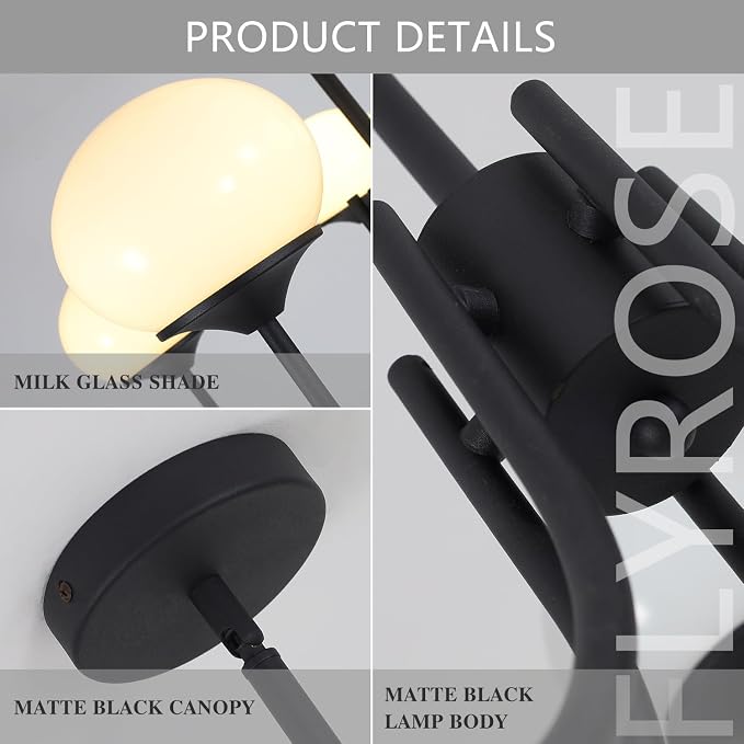 5 Light Black Milk Glass Chandelier Farmhouse Pendant Lights Kitchen Island Frosted White Globe Chandelier Mid Century Modern Dining Room Light Fixtures Over Table