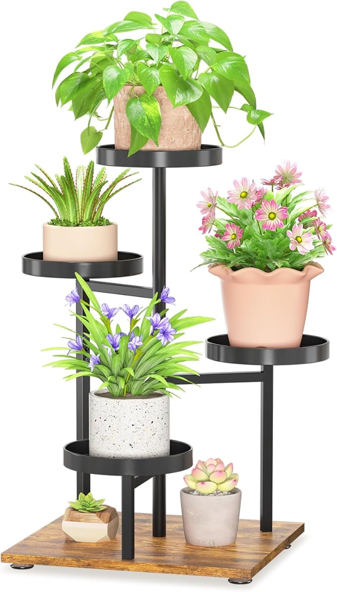LASZOLA Black 4 Tier Plant Stand Indoor Heavy Duty Rack for Modern House Planter, Metal and Wooden Vertical Organizer Decor Narrow Bathroom Floor, Sturdy Multi Level Flower Holder Raised, Cat Proof
