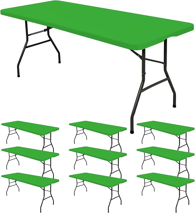 10 Pack Fitted Tablecloth for 8 Foot Rectangle Tables, Green Elastic Outdoor Picnic Table Cover, Washable Stretch Folding Table Cloths 8 ft for Camping Party Patio Kitchen Banquet, 30" W x 96" L
