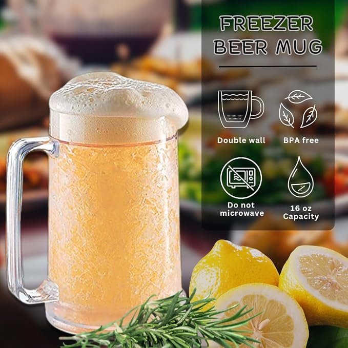 luxail Beer Mugs For Freezer, Double Wall Insulated Plastic Beer Glasses – Freezer Mugs, 16 oz – Perfect Frozen Beer Mugs for Home Bar Accessories, Gifts for Men