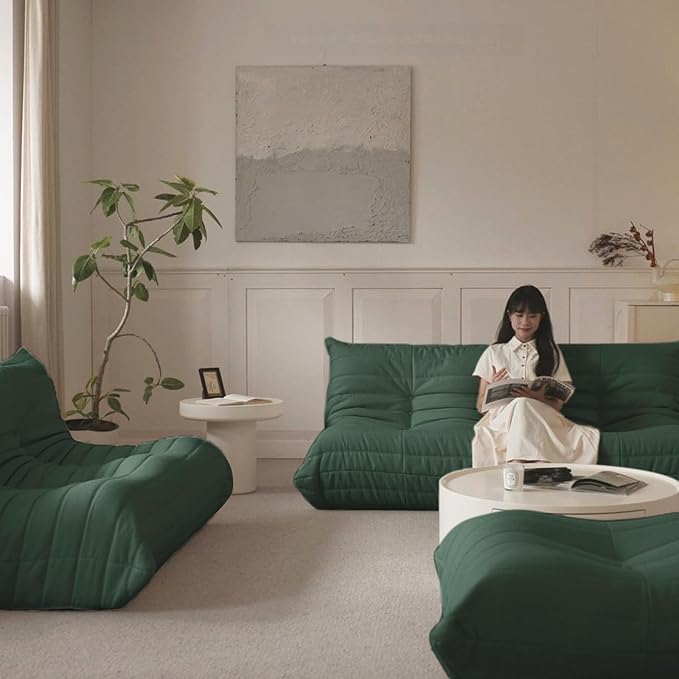 Luxury Sofa Couch Chair, Lazy Floor Seating, Fireside Bean Bag Chair, Ergonomic Tatami Sofa Lounger for Living Room, Bedroom, Office, 3 Seat, Green