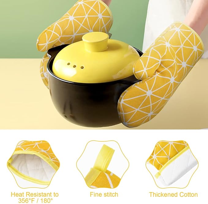AUAUY Oven Mitts and Potholders BBQ Gloves-Oven Mitts and Pot Holders with Recycled Infill Silicone Non-Slip Cooking Gloves for Cooking Baking Grilling (6-Piece Set,Yellow)