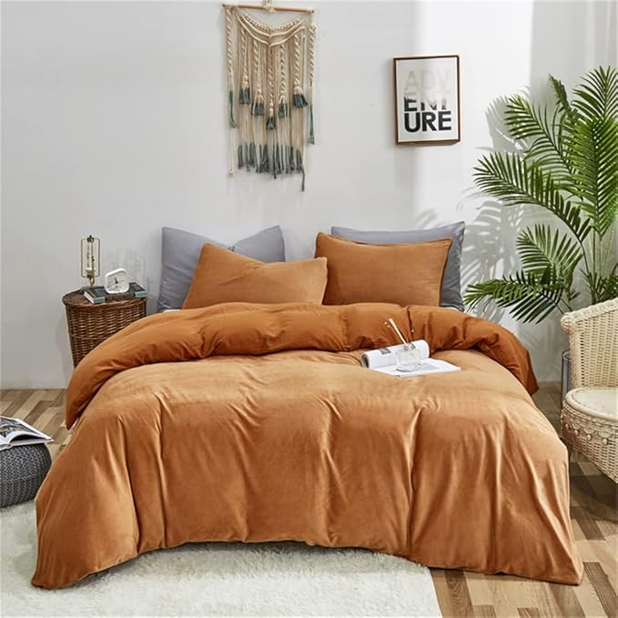 Wellboo Velvet King Size Comforter Set Pumpkin Fluffy Bedding Set for Women Girls Burnt Orange Plush Bedding Comforters Solid Terracotta Flannel Quilt Soft Rust Pumpkin Fuzzy Blanket Sherpa Shaggy Bed