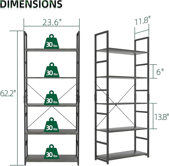 OTK 5 Tier Bookshelf, Tall Bookcase, Office Shelf Storage Organizer, Modern Book Shelf for Living Room, Bedroom, and Home Office, Dark Grey