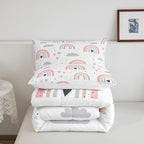 Rainbow Queen Bedding Sets For Girls, Kawaii Cloud Comforter Set 3 Pieces With 2 Pillow Cases, Pink Love Heart Down Comforter For Kids Boys Women Adult, Hand Drawn Cartoon Rainbow Duvet Insert
