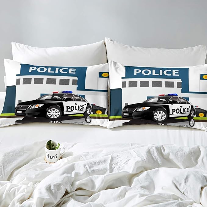 Erosebridal Police Car Comforter Sets King Size, Policeman Boys Bedding Set for Kids Boys Children Teens Bedroom Decor, Polica Vehicle Quilt Cartoon Automobile Duvet Insert with 2 Pillow Cases