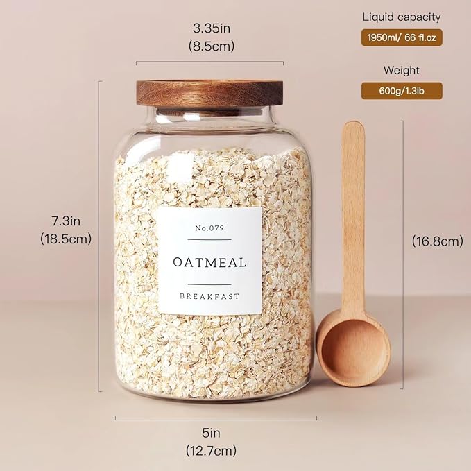 2 PCS Large Glass Jar with Airtight Lid, Glass Food Storage Jars for Tea,Spice,Cereal, Egg,Flour,Coffee and More(70 FL OZ/2000 ml)