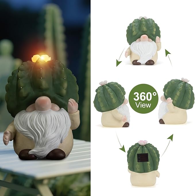 Solar Cactus Gnome Statue Garden Decor Light - Outdoor Decorative LED Flower, Suitable for Patio, Lawnand Garden Decorations, Gifts for Mom