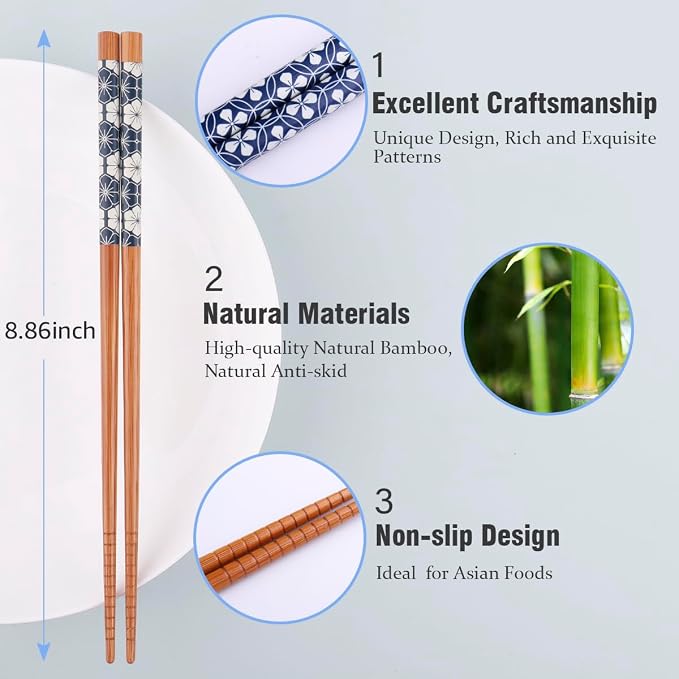 GLAMFIELDS Bamboo Chopsticks Reusable Japanese Style Lightweight 5 Pairs Ramen Chop Sticks Case Gift Set