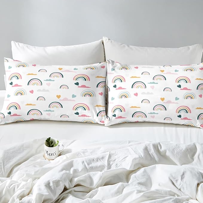 Erosebridal Kids Rainbow Bedding Set, Girly Love Heart Comforter Set Queen Size Cartoon Rainbow Cloud Duvet Sets for Girls Boys Women Bedroom Decor, Soft Microfiber Down Comforter 3 Pieces,Colorful
