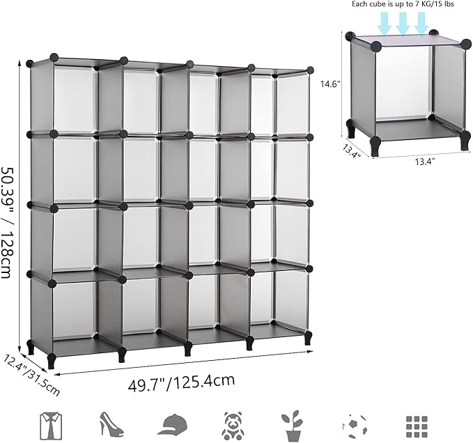ANWBROAD Cube Storage Organizer, 16-Cube Cubby Shelving Book Shelf Living Room, Closet Clothes organizers, Kids Toys Craft Yarn Storage with Rubber Hammer for Bedroom Office Gray ULCS016H
