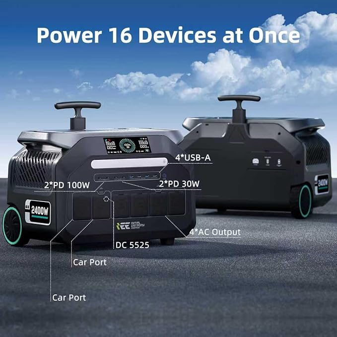IEE P2400 Portable Power Station with 1x500W Solar Panel,2400W AC Outlet(Peak 5000W),1800W 1.2H Fast Charge,2048WH Lifepo4 Battery,5-8MS EPS Switch Below 30DB Solar Power Generator for Home Backup,RV.