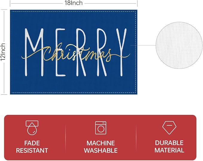 ONWAY Merry Christmas Gold Placemats 12x18 Inch Set of 4 Xmas Winter Holiday Place Mats for Home Party Kitchen Dining Table Decorations Blue