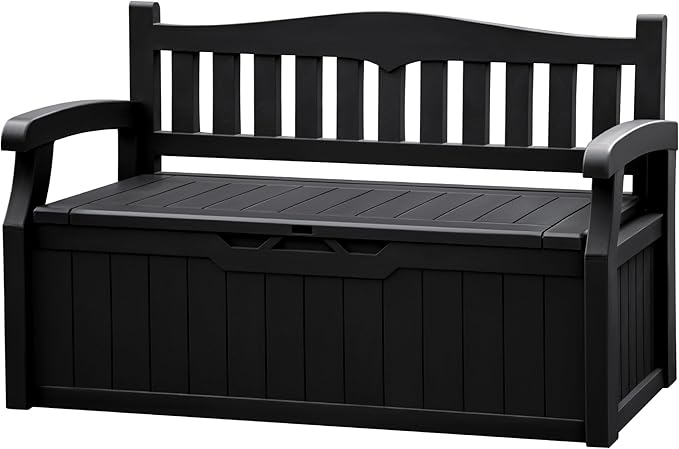 JUMMICO 80 Gallon Resin Outdoor Storage Bench, Large Deck Box with Armrest, Lockable & Waterproof for Garden, Home, Patio, Pools (Black)