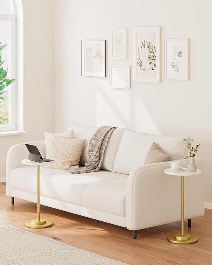 Masupu Drink Table, Round Side Table for Small Spaces, Pedestal Side Table, Small End Table with Metal Base, for Living Room, Bedroom, Bathroom, White Gold