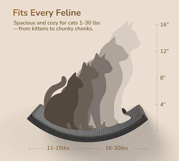 Wall Mounted Curved Cat Hammock with Grey Sisal Pad – Scratch-Friendly Cat Nest Perch for Wall – Large Floating Bed for Indoor Cats